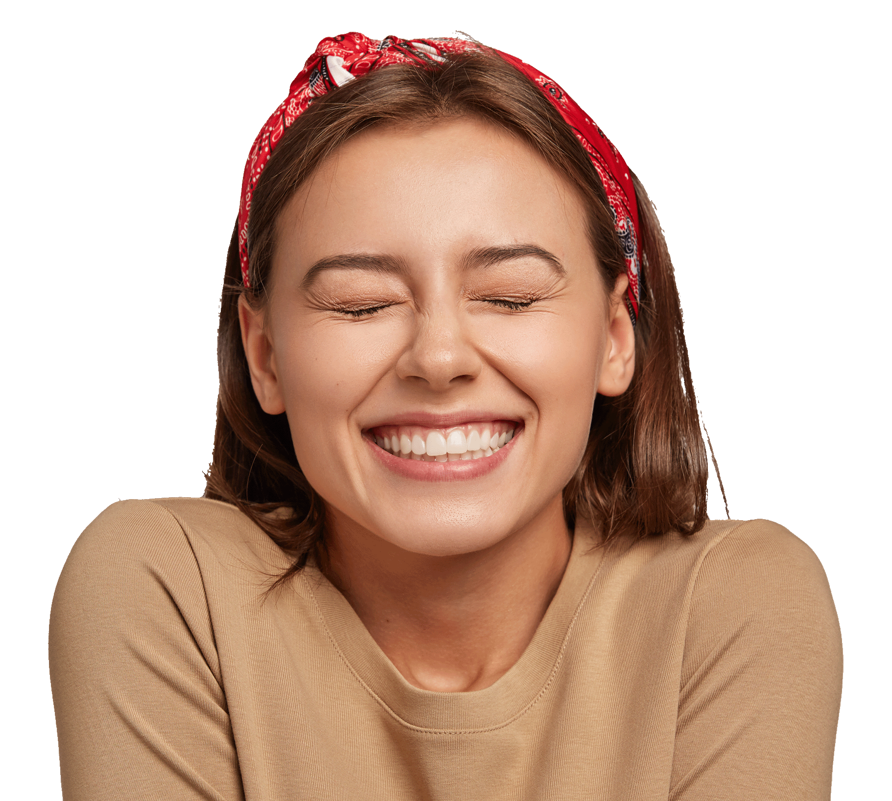 Excited teen with a red bandana in her hair smiling with eyes closed