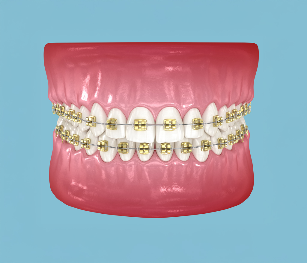 Close up of a model of teeth with metal braces