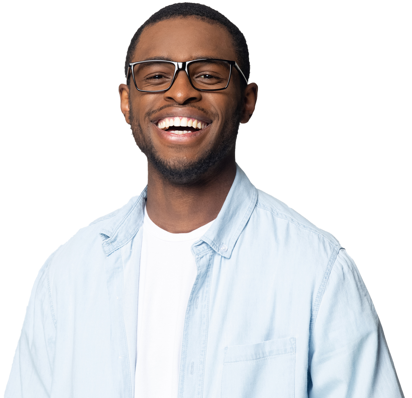 Photogenic man with an aligned smile in a light blue shirt