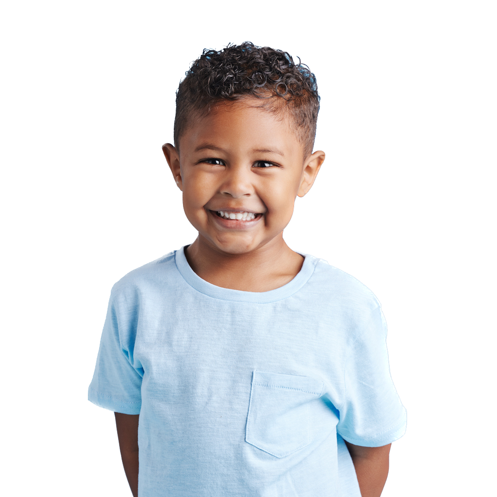 A dark skinned child wearing a blue shirt, having a great time.